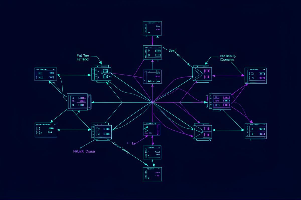 Diagram of a large-model training cluster showing NVLink and InfiniBand fabric topology