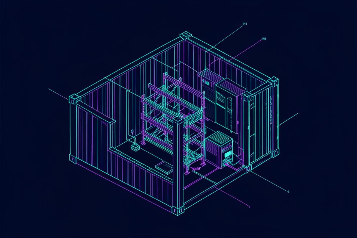 Diagram of a modular container data center with integrated compute, cooling and power