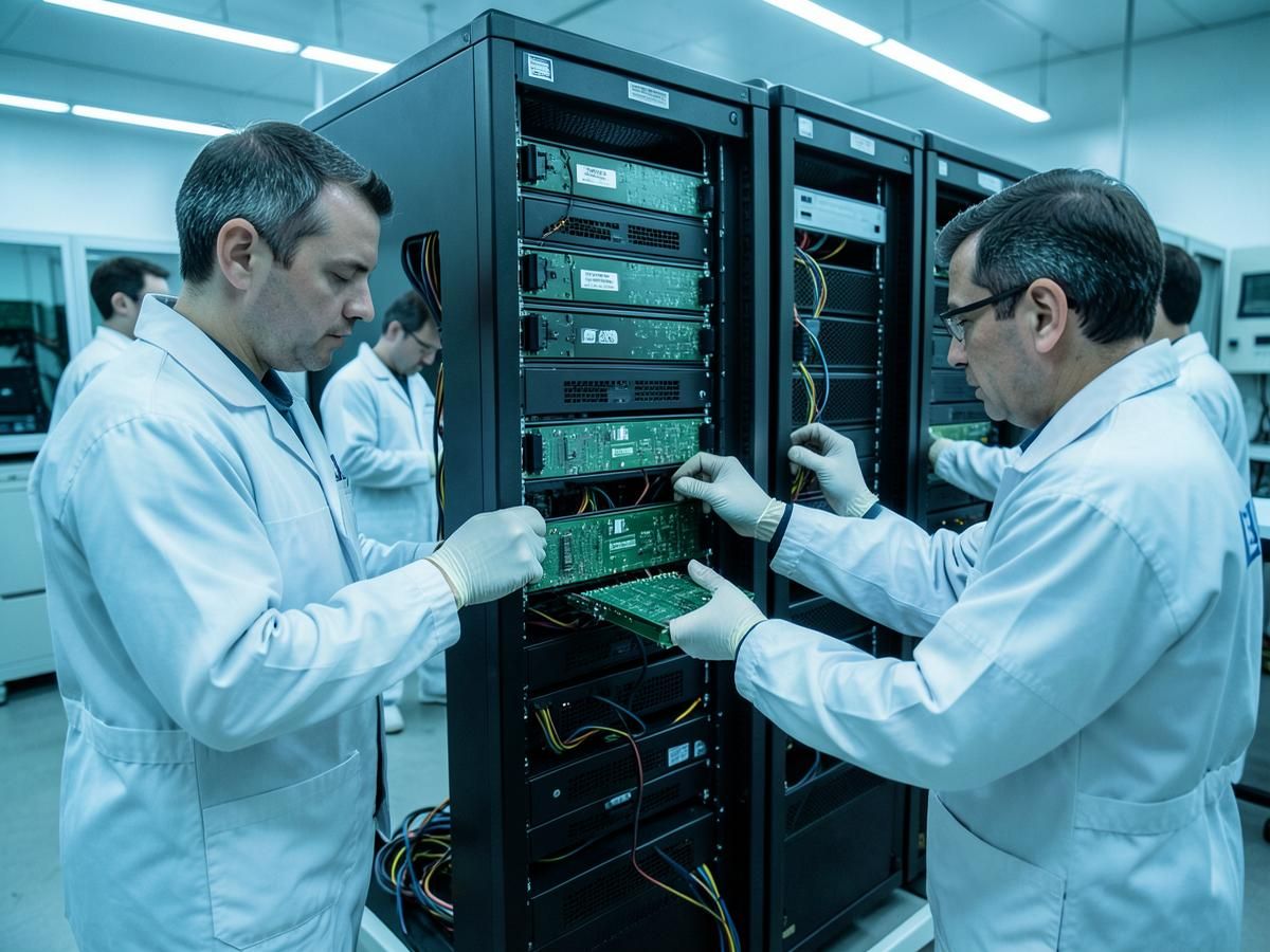 Workers in antistatic lab coats assembling GPU compute trays into a server rack