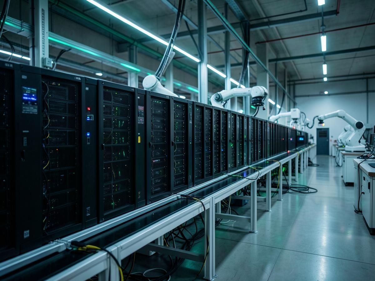 GPU server chassis moving along the automated assembly line with robotic arms at the XAgent AI factory