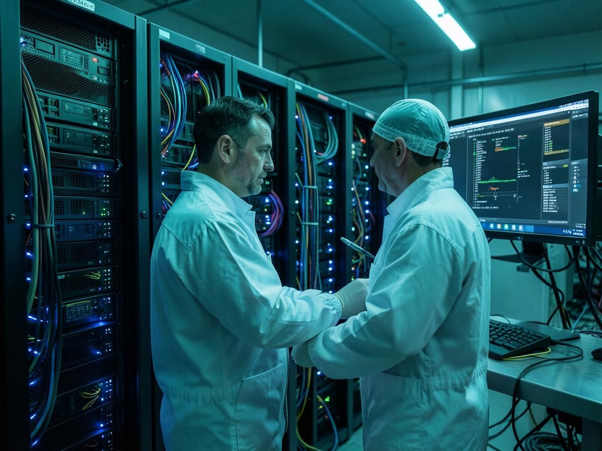 Technicians running burn-in diagnostics on glowing GPU server racks in the validation lab