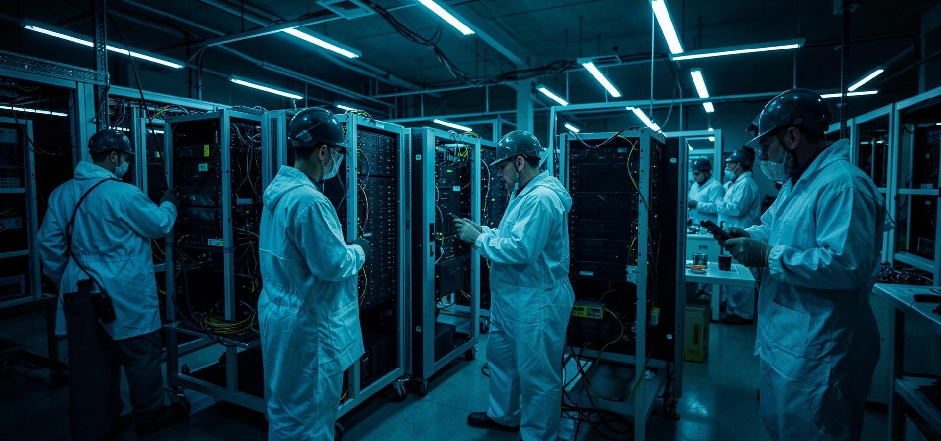 Engineers inspecting AI server hardware inside the XAgent AI assembly facility