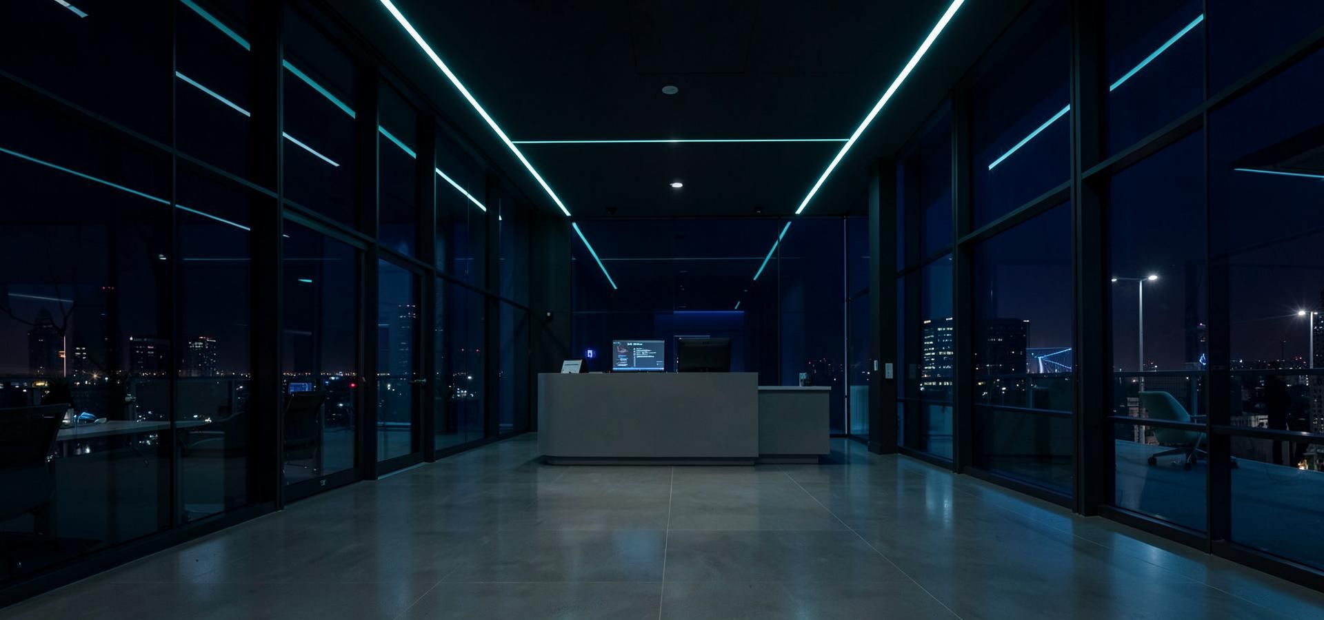XAgent AI office lobby at night lit with teal accent lighting