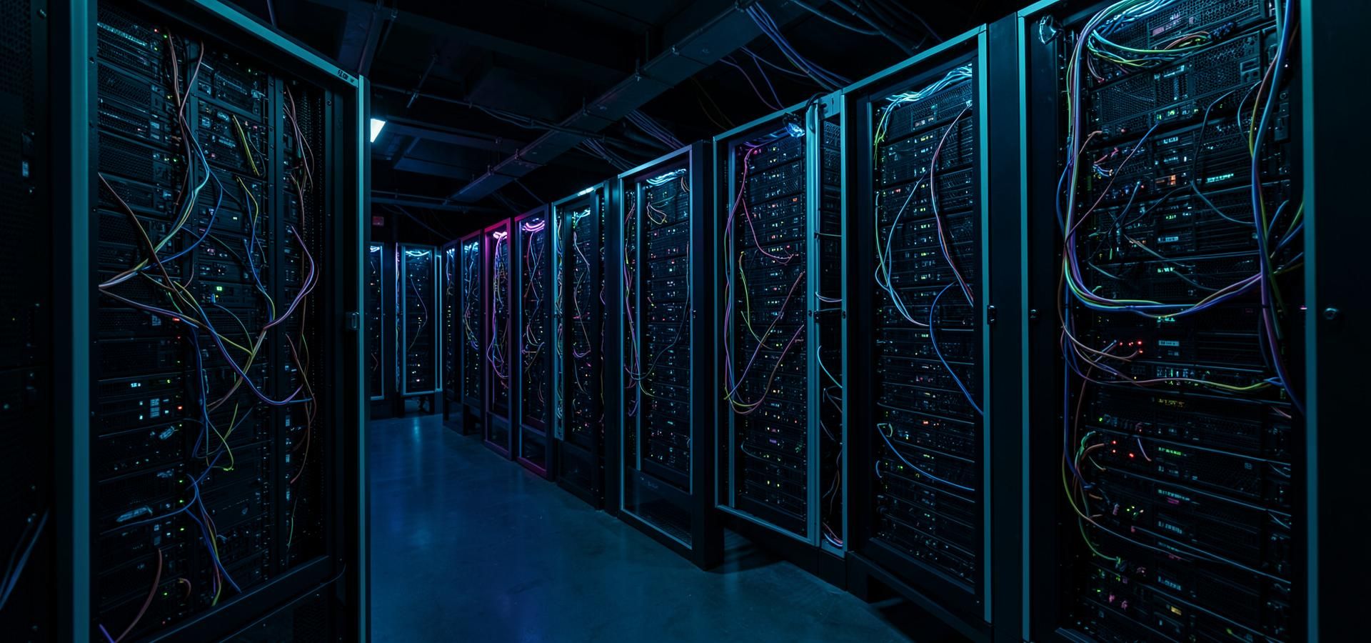 Rows of liquid-cooled AI GPU server racks in a dark high-density data hall