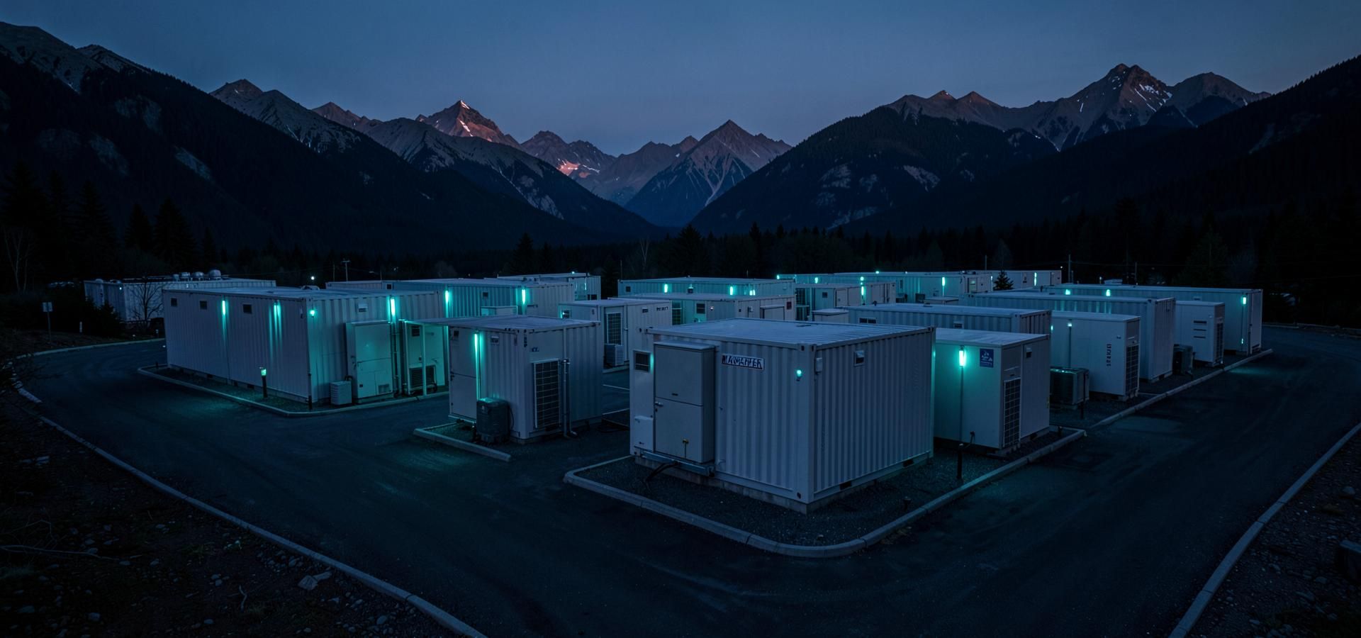 Modular AI data center campus at dusk in the British Columbia mountains