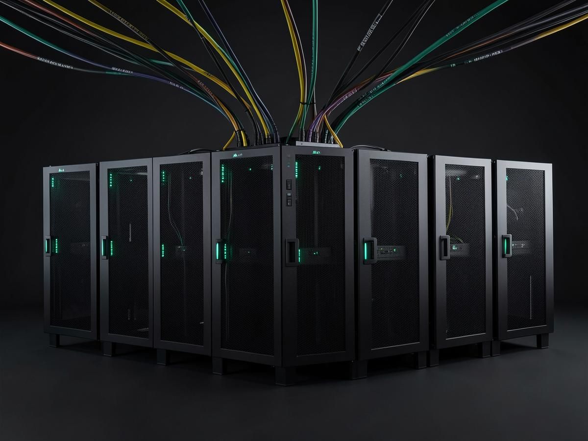 NVIDIA DGX SuperPOD cluster aisle with InfiniBand cabling between compute racks