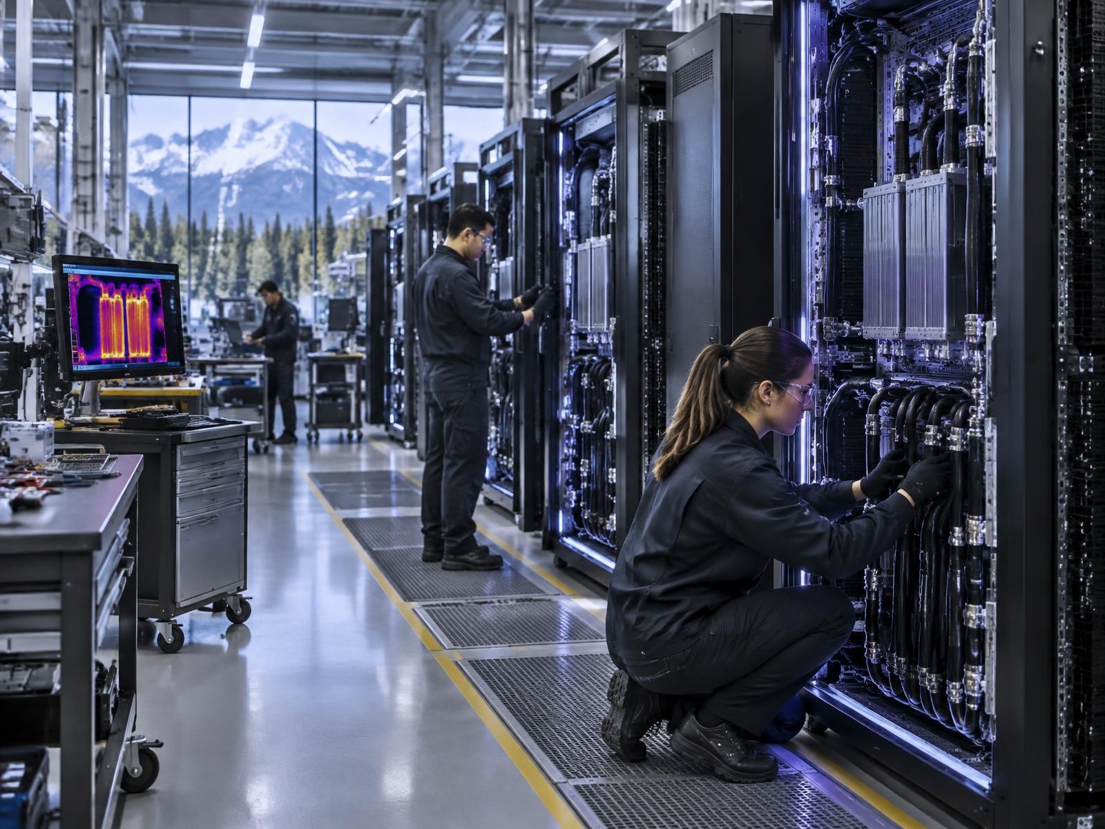 Technicians inspecting liquid-cooled AI server racks on the XAgent AI production line
