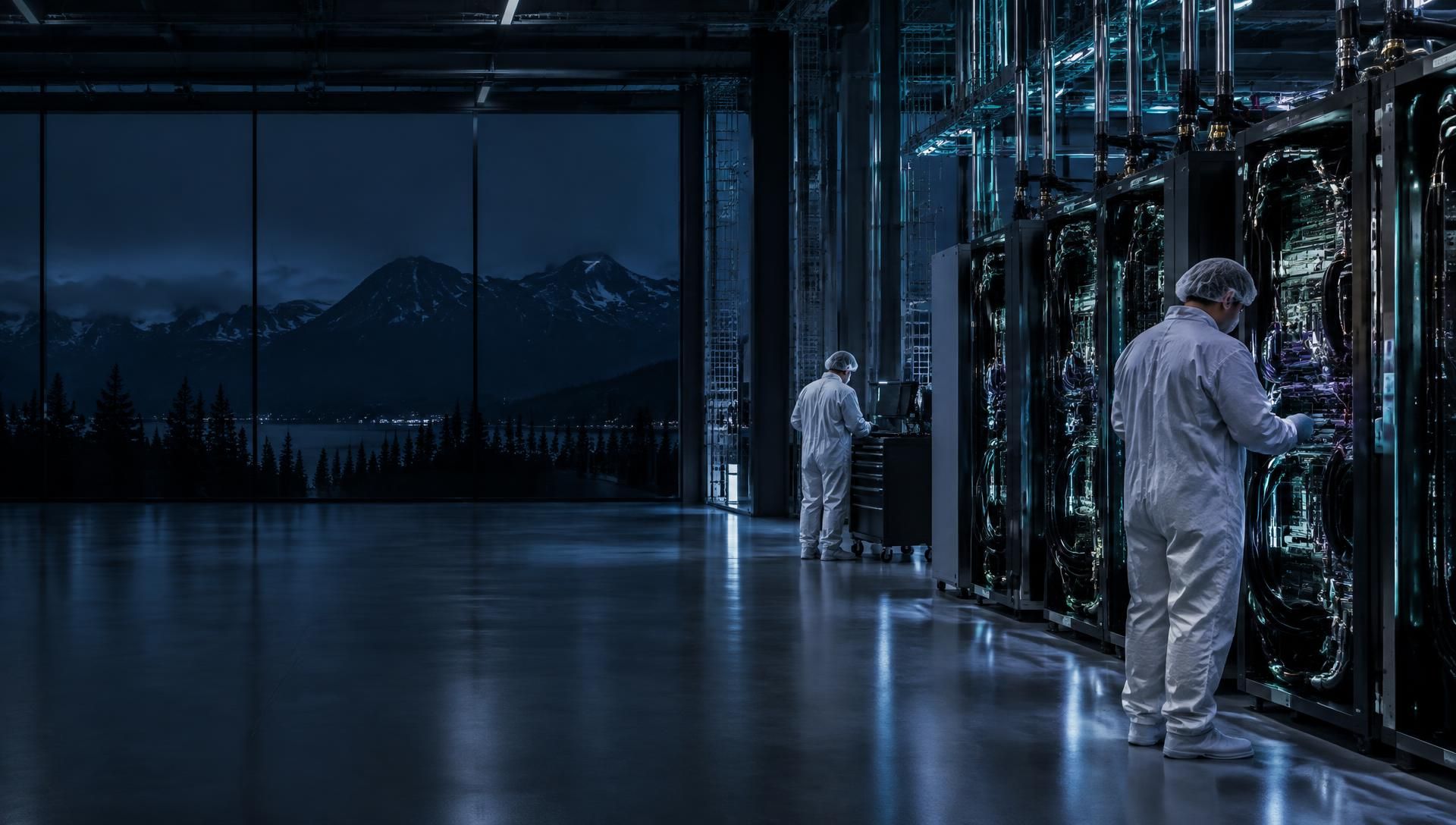 Night view of the XAgent AI liquid-cooled AI server manufacturing facility in British Columbia, Canada